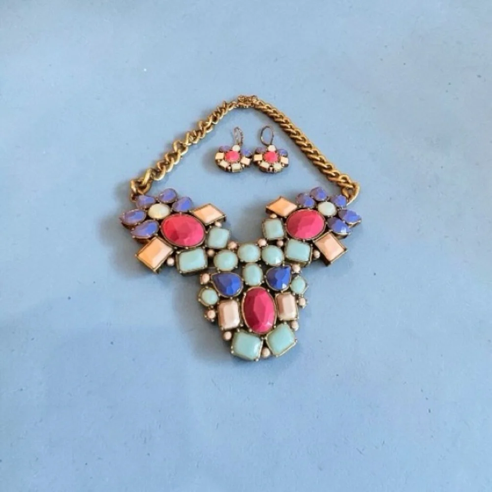 Vintage Multicolor Statement Floral Bib Necklace and Earrings‎ Set 22